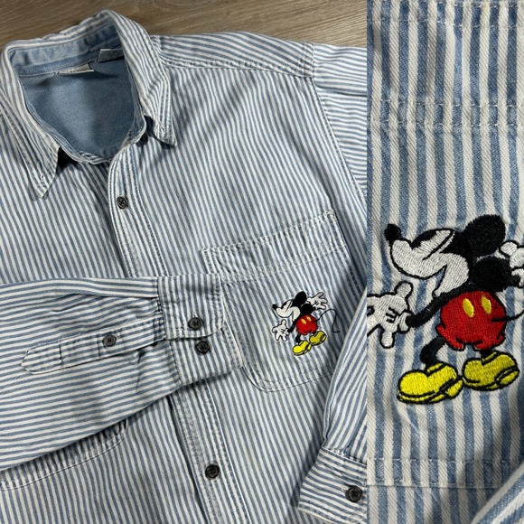 VTG Disney Store Men's Small Blue Striped Mickey Embroidered Button Up Cotton - Picture 1 of 12